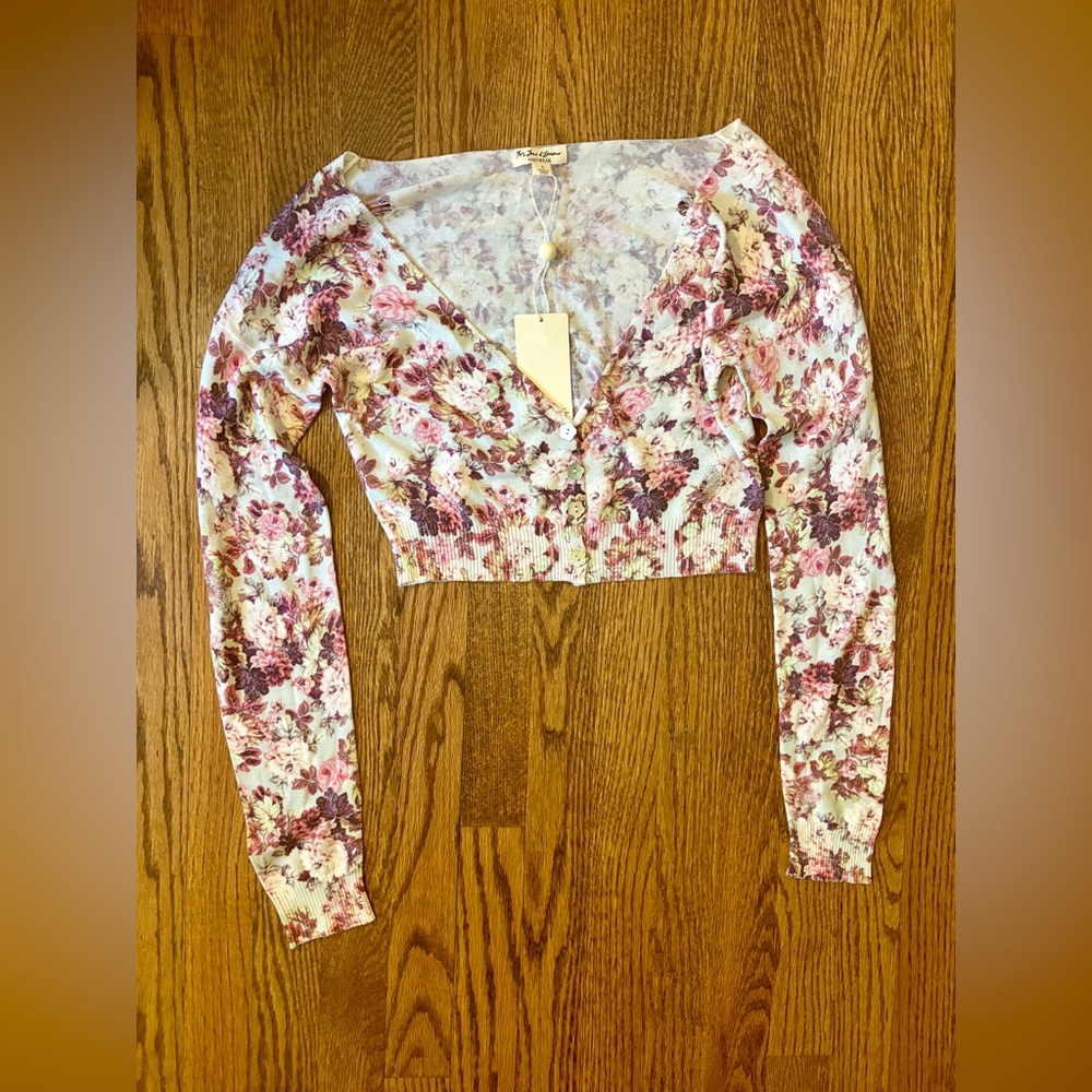 For Love and Lemons Floral Crop Distressed Knit Cardigan Sweater Small Madison